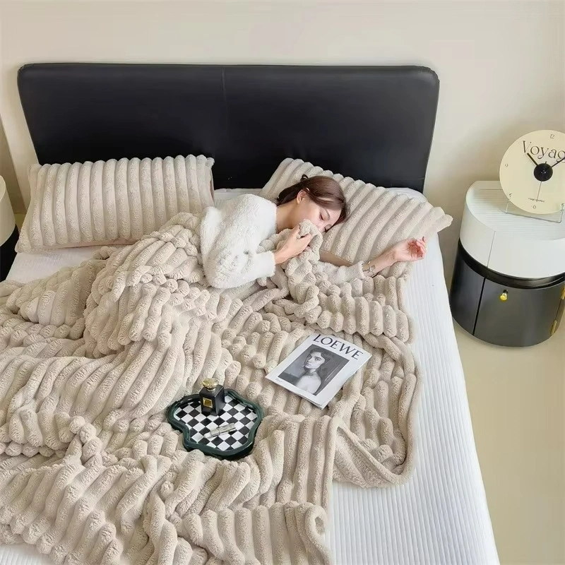 Rabbit velvet fluffy blanket styled on bed